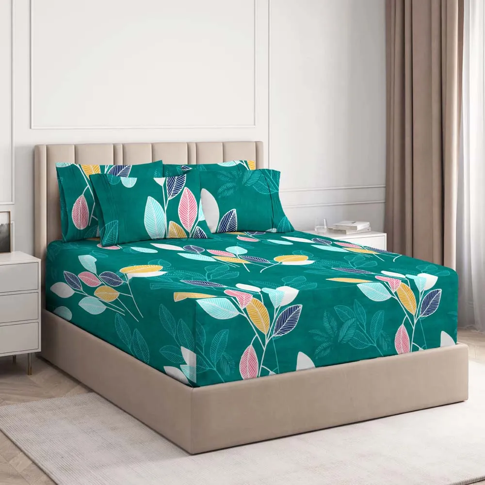 BSB Home Colorful Leaves Green Printed Cotton Double Fitted Bedsheet