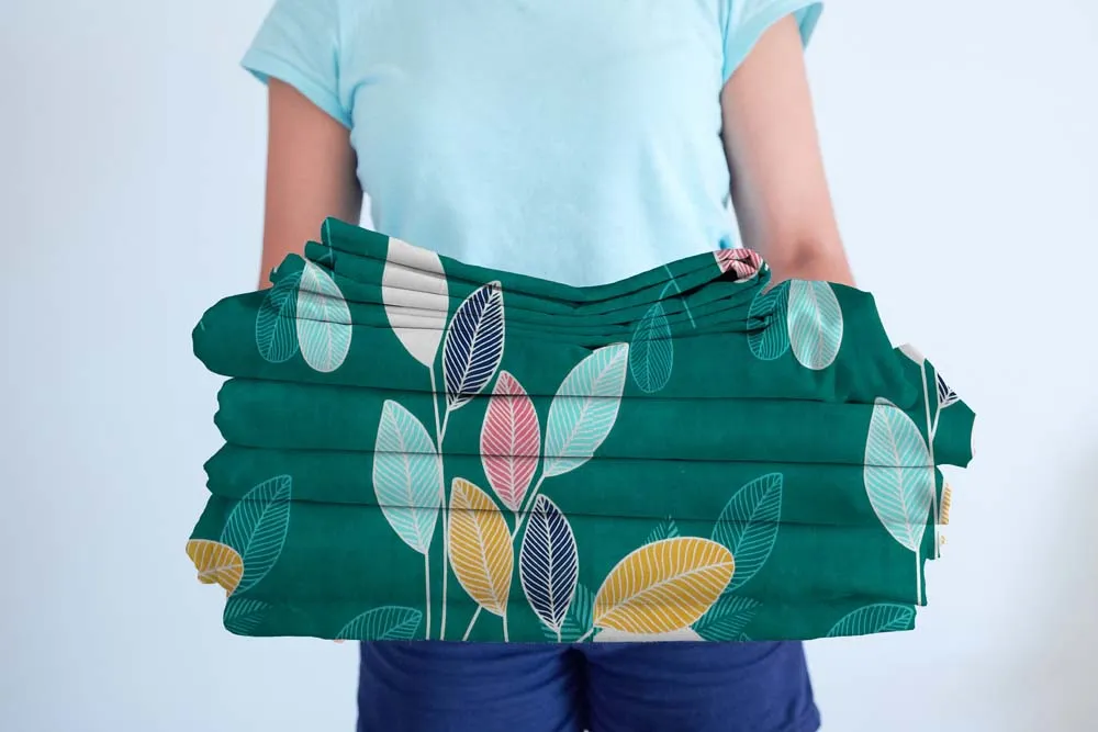 BSB Home Colorful Leaves Green Printed Cotton Double Fitted Bedsheet