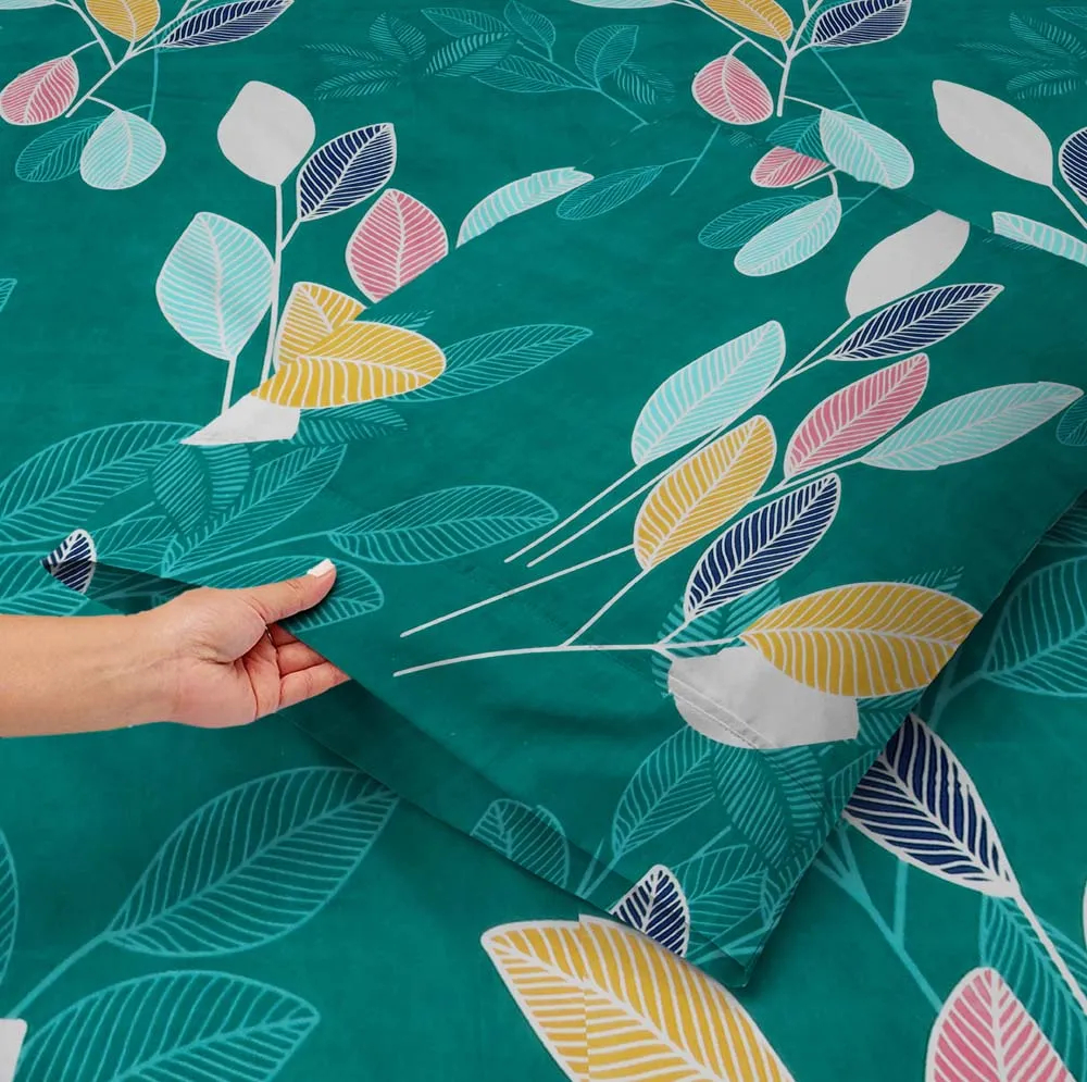 BSB Home Colorful Leaves Green Printed Cotton Double Fitted Bedsheet