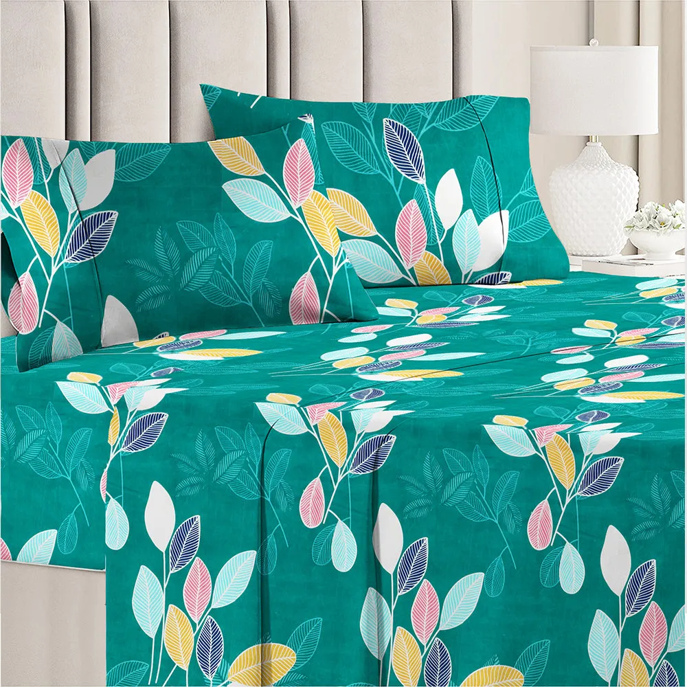 BSB Home Colorful Leaves Green Printed Microfiber Double Bedsheet