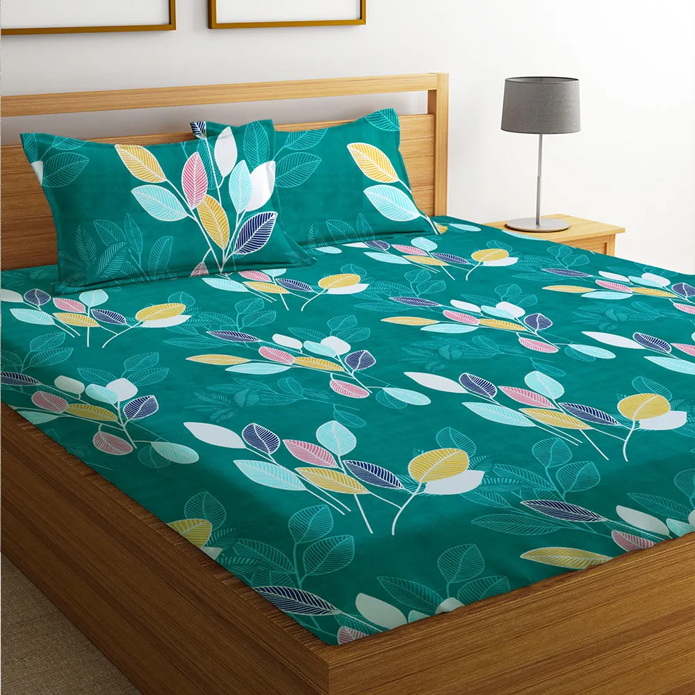 BSB Home Colorful Leaves Green Printed Microfiber Double Bedsheet