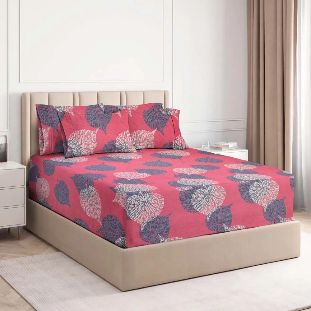 BSB Home Pink Leaves Printed Cotton Double Fitted Bedsheet
