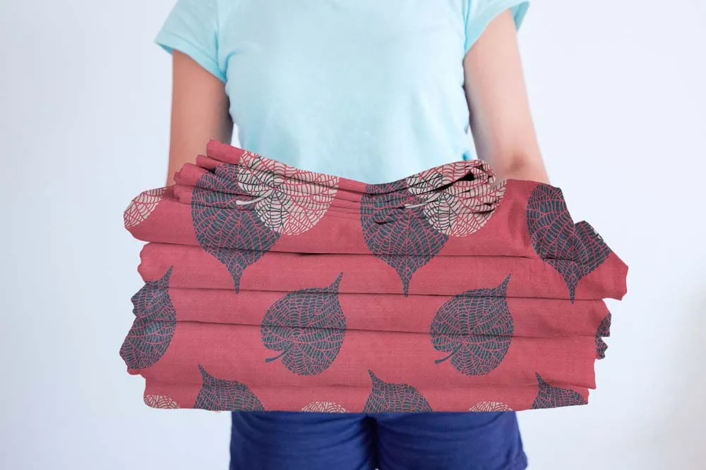 BSB Home Pink Leaves Printed Cotton Double Fitted Bedsheet