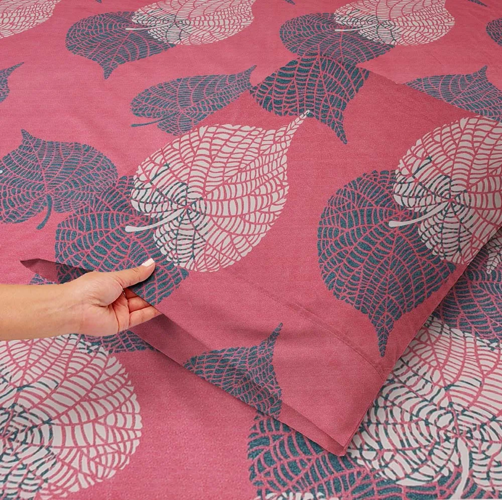 BSB Home Pink Leaves Printed Cotton Double Fitted Bedsheet