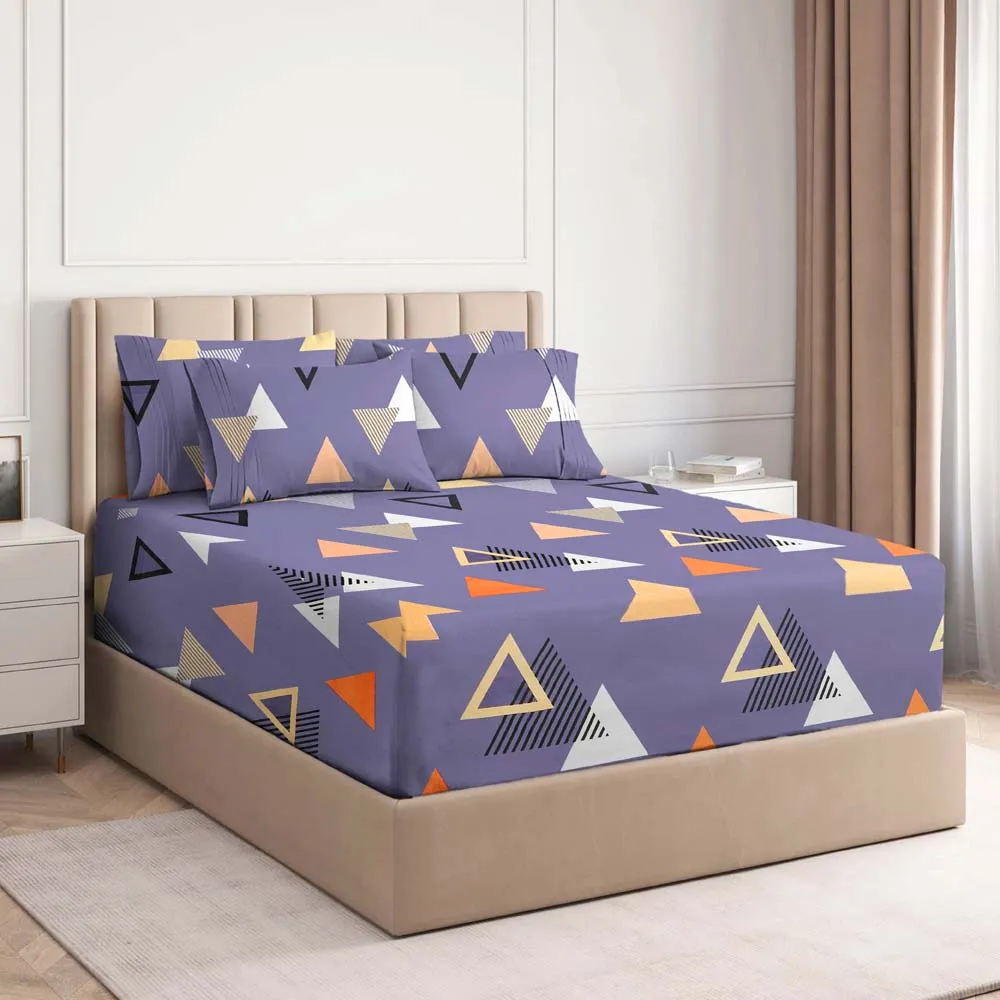 BSB Home Playful Triangles Lilac Printed Cotton Double Fitted Bedsheet