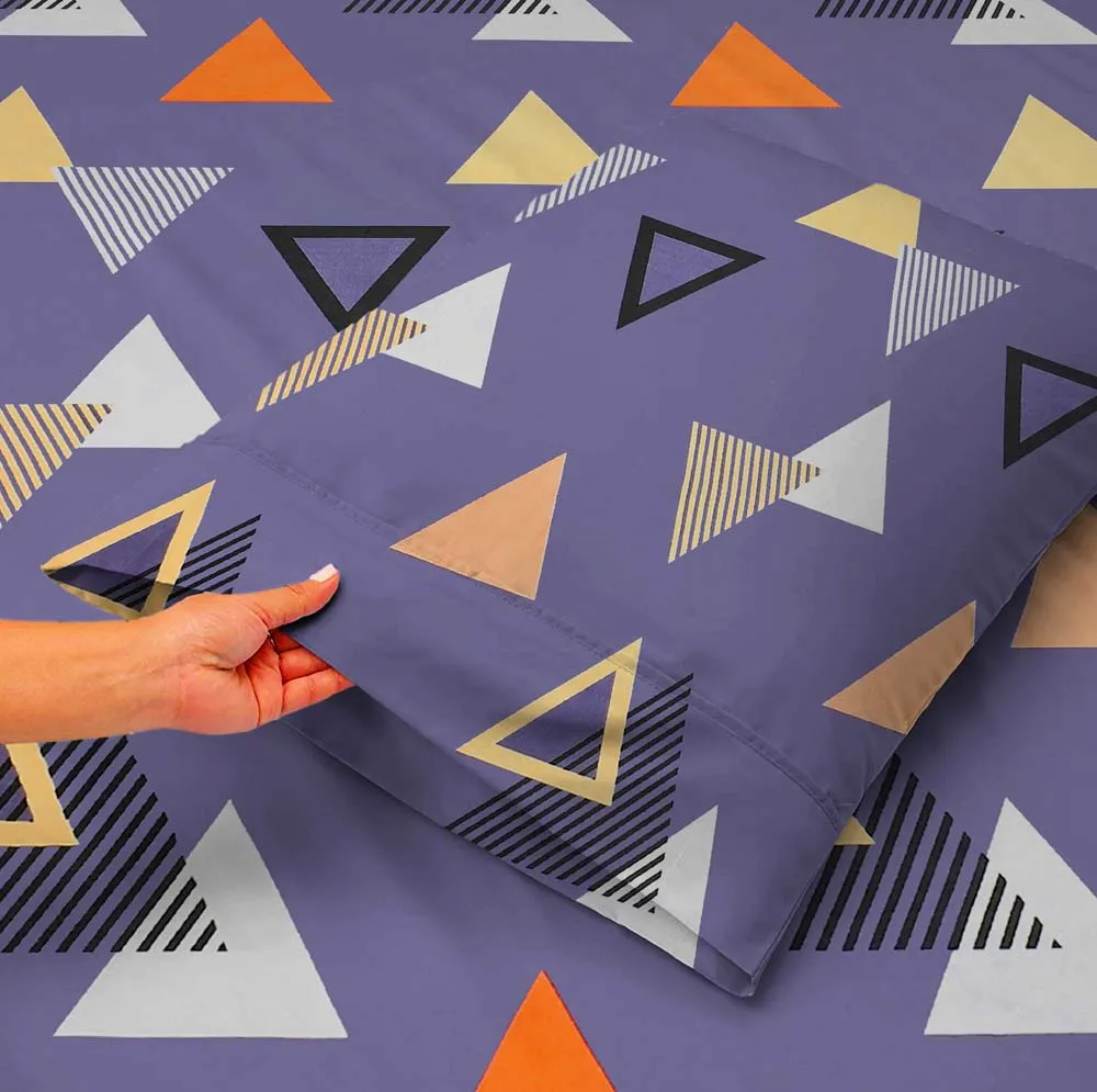 BSB Home Playful Triangles Lilac Printed Cotton Double Fitted Bedsheet