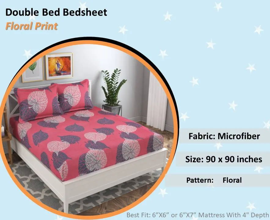 BSB Home Red Big Leaves Pattern Microfiber Double Bedsheet