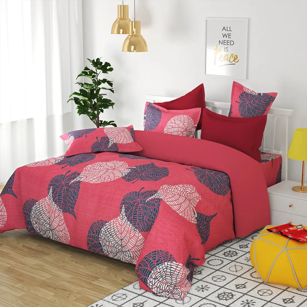 BSB Home Red Big Leaves Pattern Microfiber Double Bedsheet