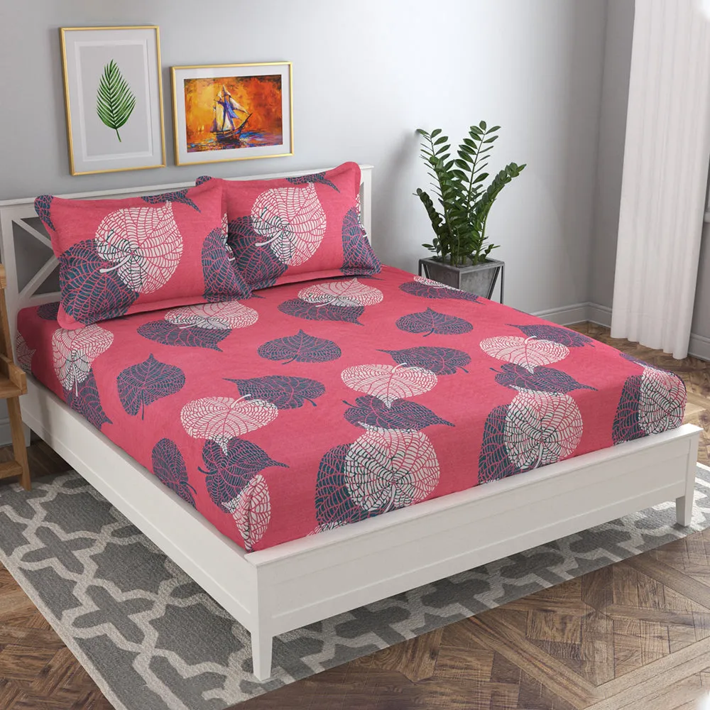 BSB Home Red Big Leaves Pattern Microfiber Double Bedsheet
