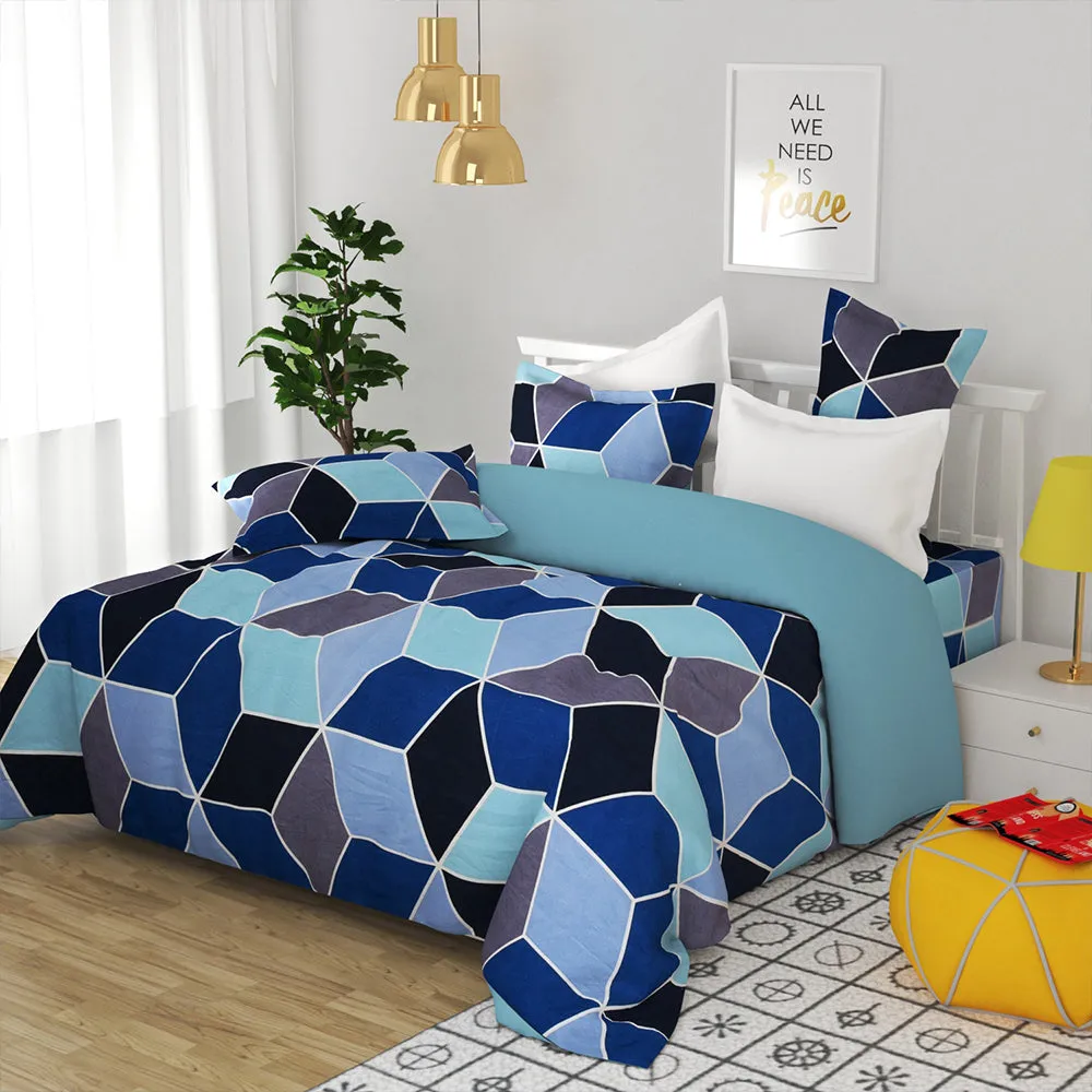 BSB Home Shades Of Blue Geometric Pattern Microfiber Double Bedsheet
