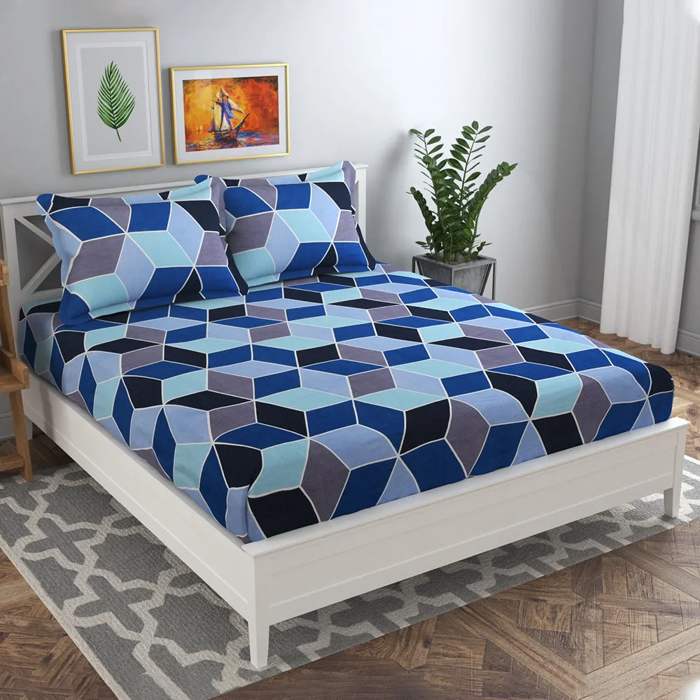 BSB Home Shades Of Blue Geometric Pattern Microfiber Double Bedsheet