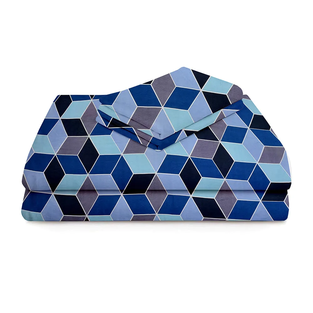 BSB Home Shades Of Blue Geometric Pattern Microfiber Double Bedsheet