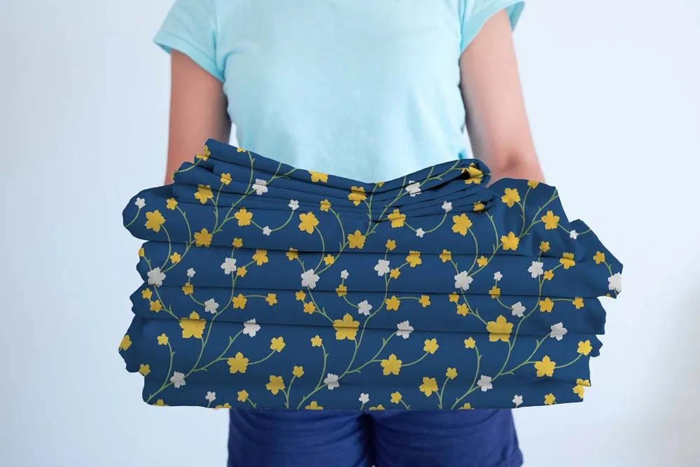 BSB Home Tangled Yellow Flowers Printed Blue Cotton Double Fitted Bedsheet