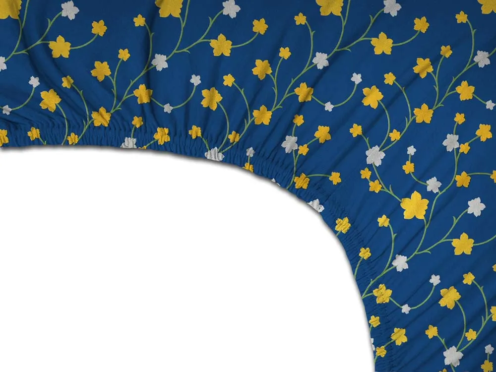 BSB Home Tangled Yellow Flowers Printed Blue Cotton Double Fitted Bedsheet