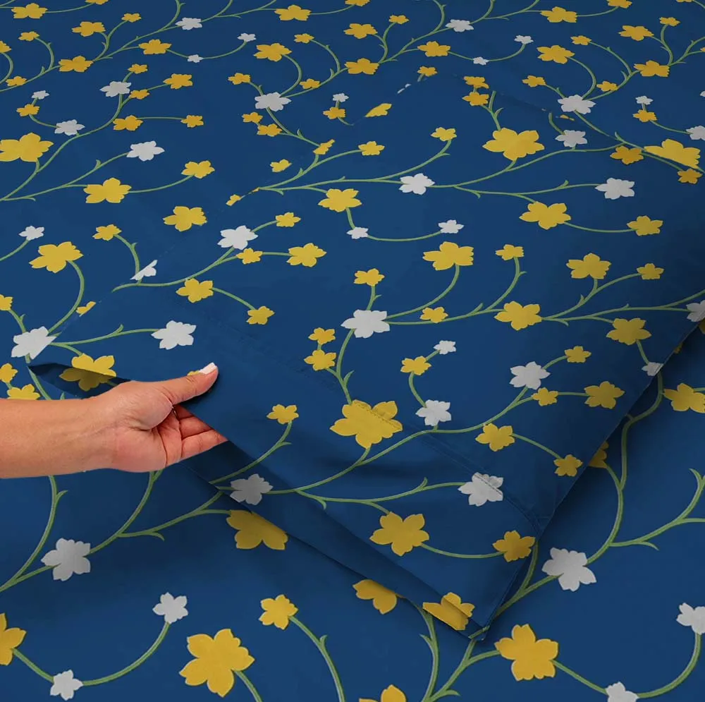 BSB Home Tangled Yellow Flowers Printed Blue Cotton Double Fitted Bedsheet