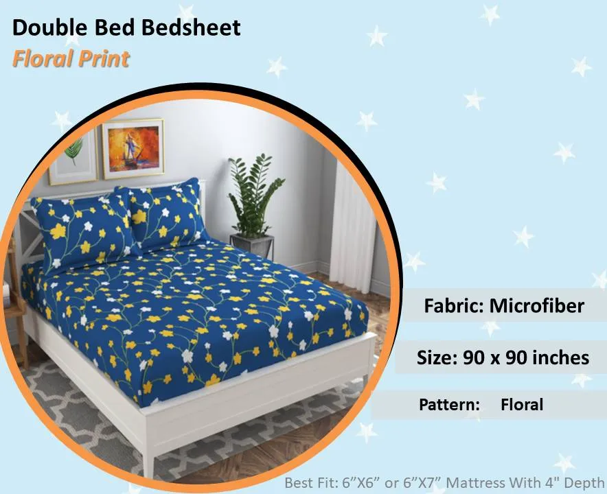 BSB Home Tangled Yellow Flowers Printed Blue Microfiber Double Bedsheet