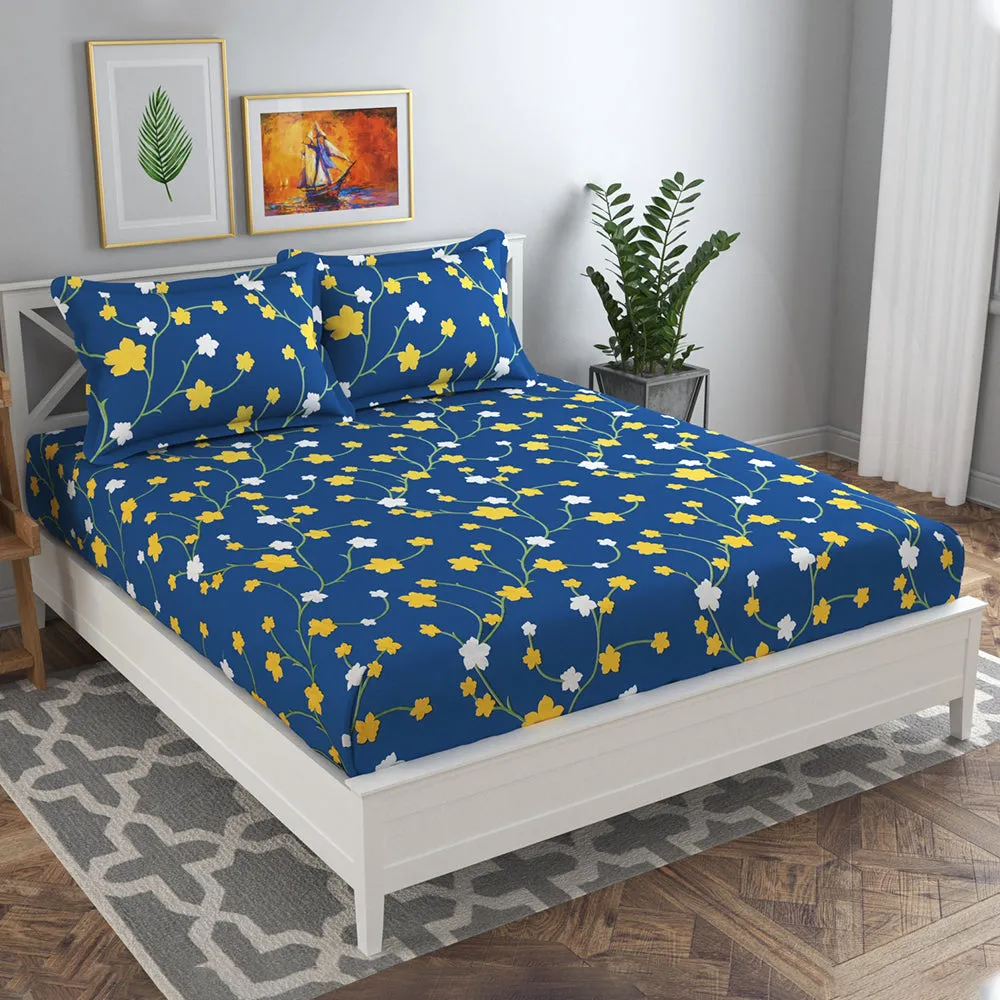 BSB Home Tangled Yellow Flowers Printed Blue Microfiber Double Bedsheet