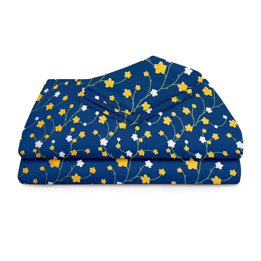 BSB Home Tangled Yellow Flowers Printed Blue Microfiber Double Bedsheet