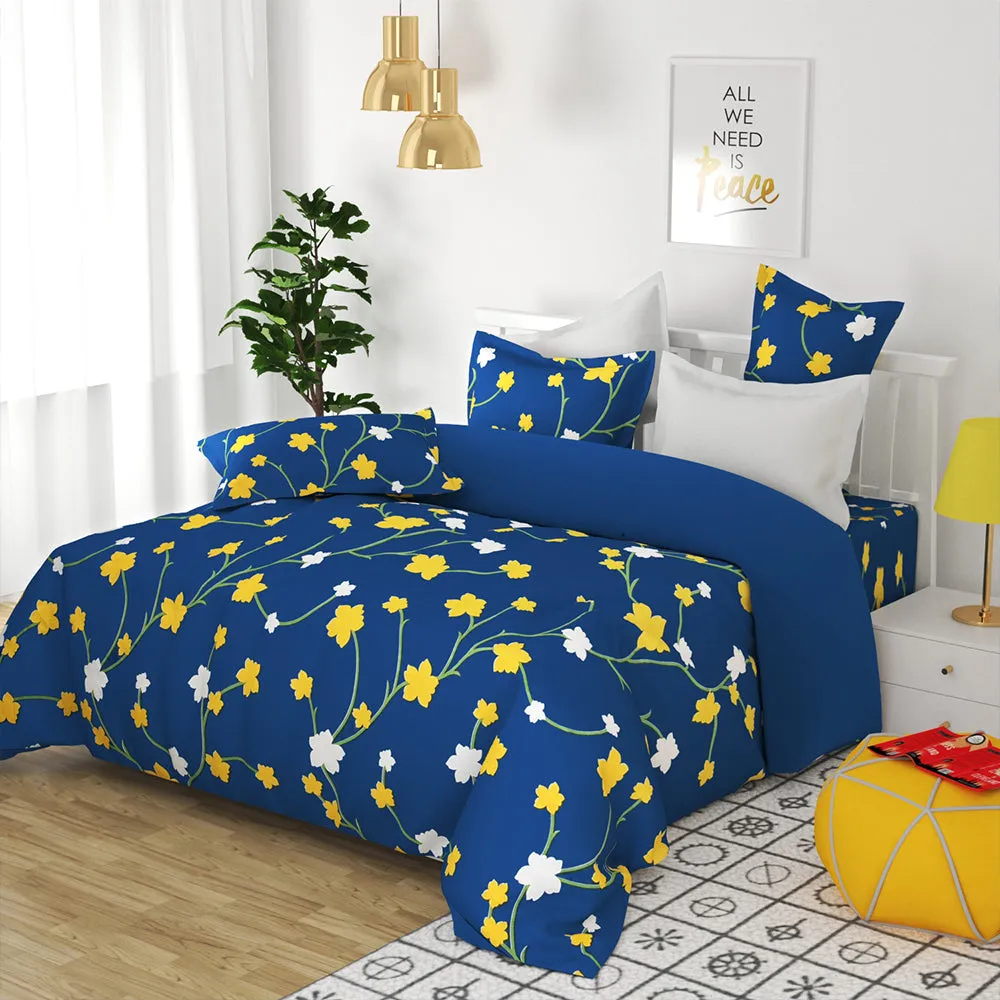 BSB Home Tangled Yellow Flowers Printed Blue Microfiber Double Bedsheet