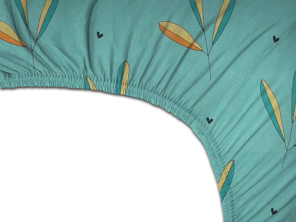 BSB Home Turquoise Leaves Printed Cotton Double Fitted Bedsheet