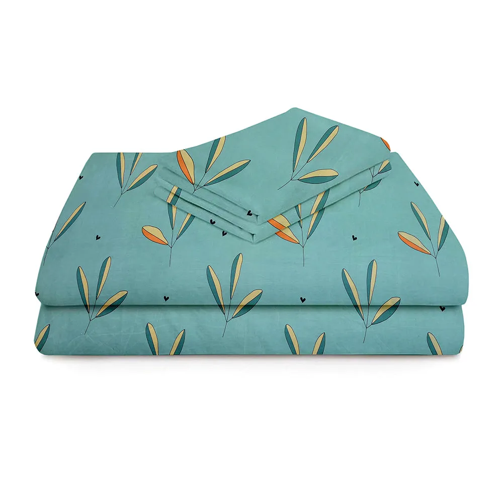 BSB Home Turquoise Leaves Printed Microfibre Double Bedsheet