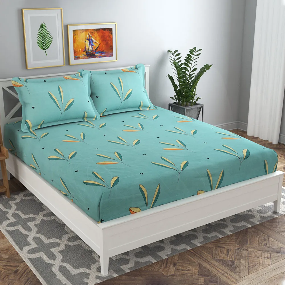 BSB Home Turquoise Leaves Printed Microfibre Double Bedsheet