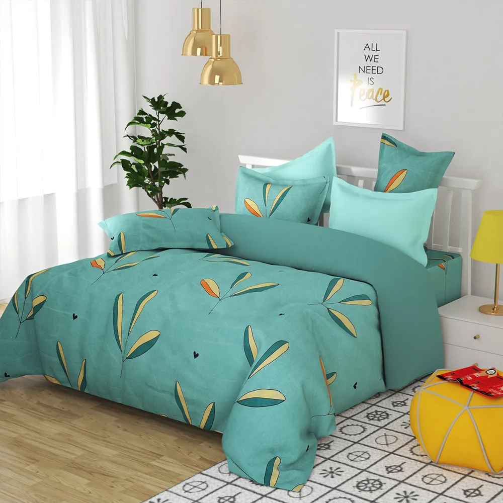 BSB Home Turquoise Leaves Printed Microfibre Double Bedsheet
