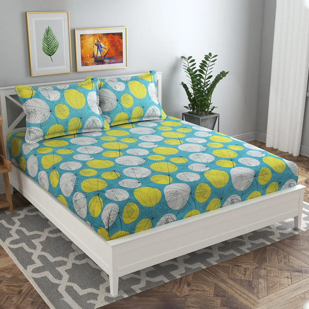 BSB Home Turquoise & Yellow Bold Leaves Printed Microfibre Double Bedsheet