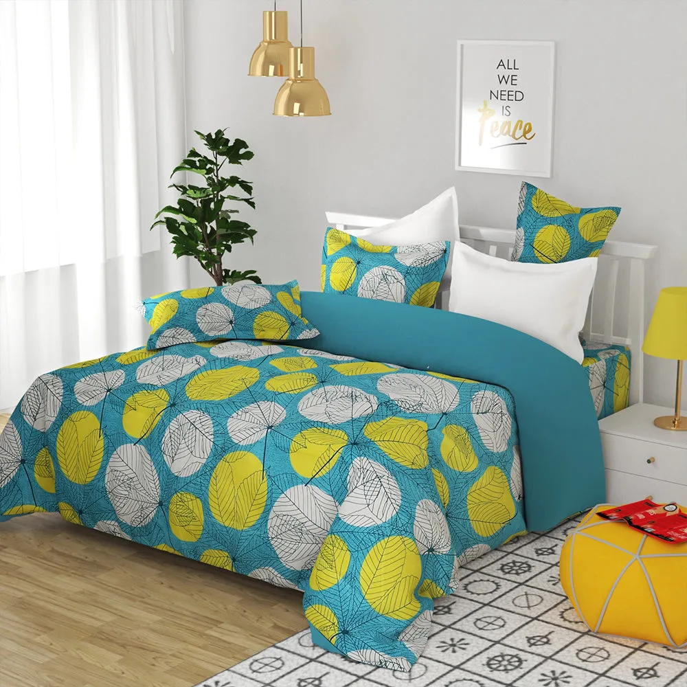 BSB Home Turquoise & Yellow Bold Leaves Printed Microfibre Double Bedsheet