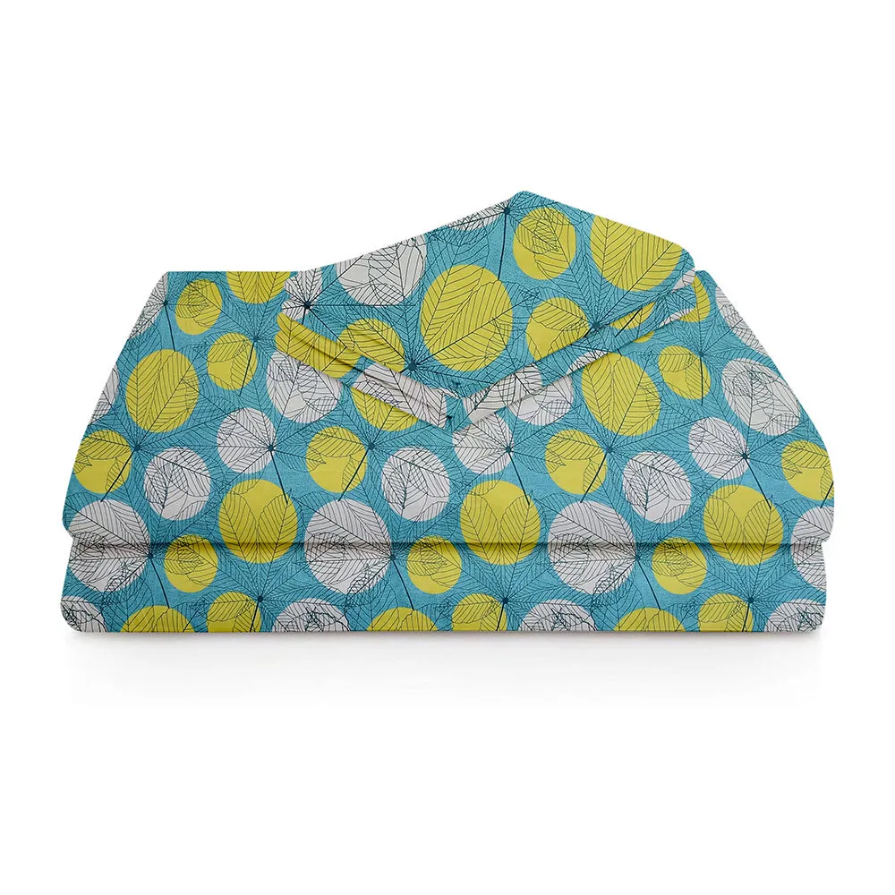 BSB Home Turquoise & Yellow Bold Leaves Printed Microfibre Double Bedsheet