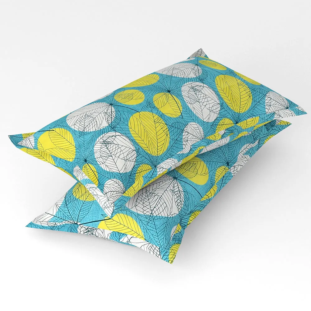 BSB Home Turquoise & Yellow Bold Leaves Printed Microfibre Double Bedsheet