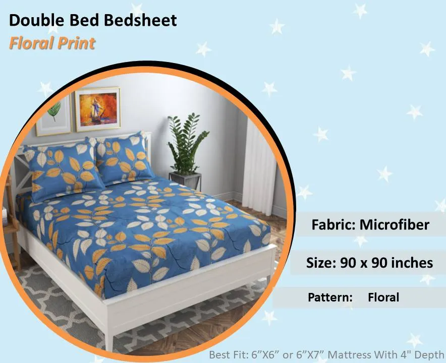 BSB Home Yellow & White Leaves Printed Light Blue Microfibre Double Bedsheet