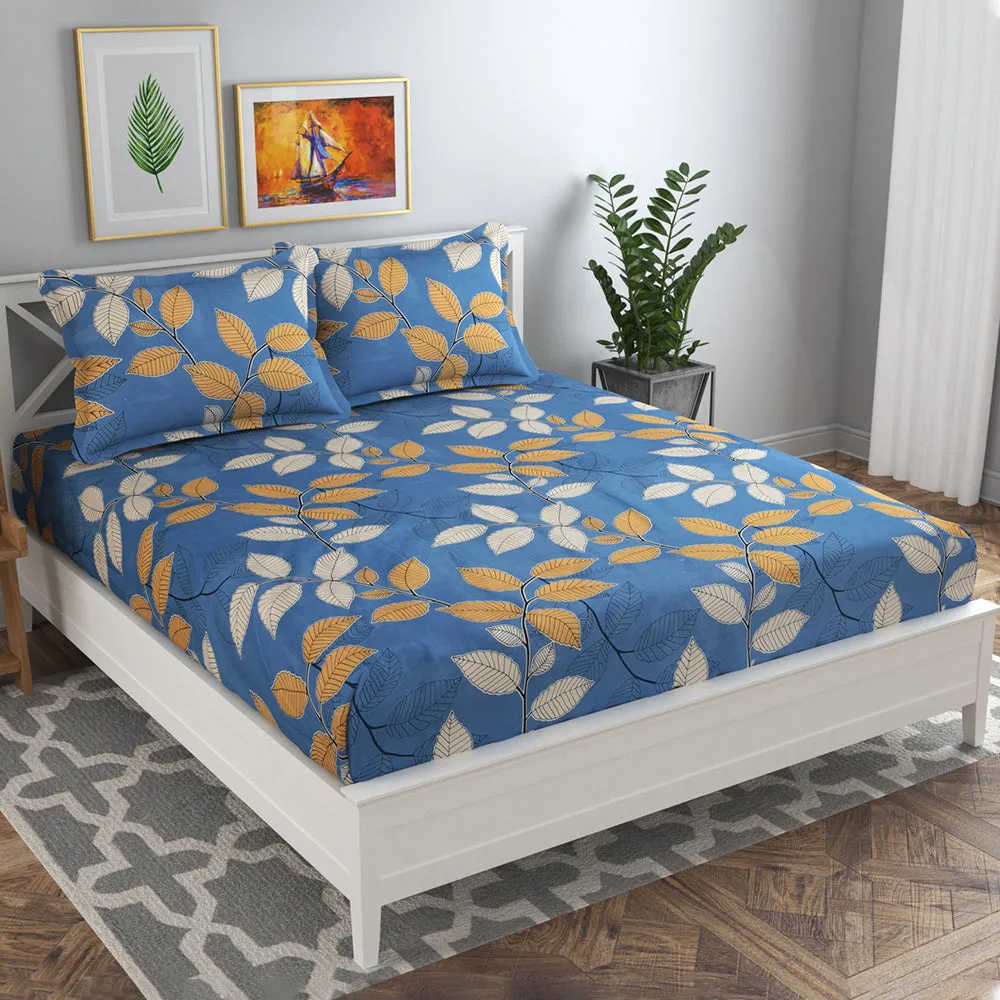 BSB Home Yellow & White Leaves Printed Light Blue Microfibre Double Bedsheet