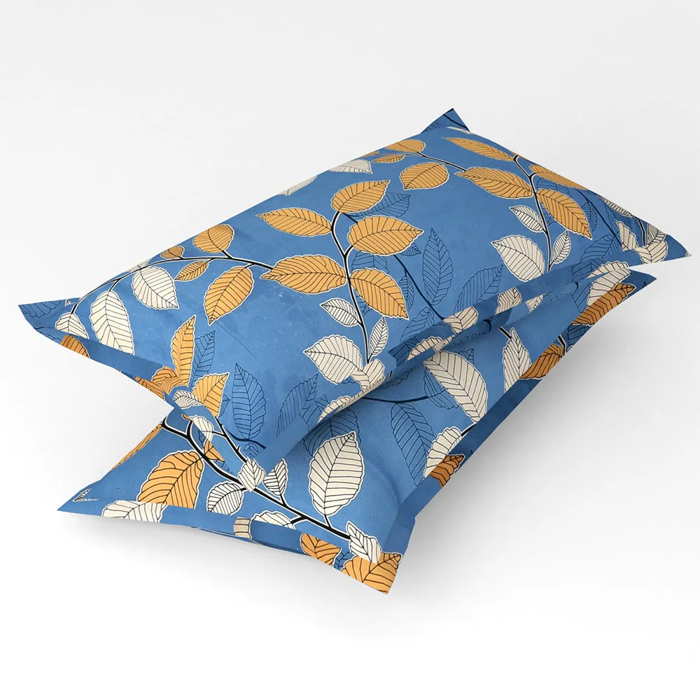 BSB Home Yellow & White Leaves Printed Light Blue Microfibre Double Bedsheet