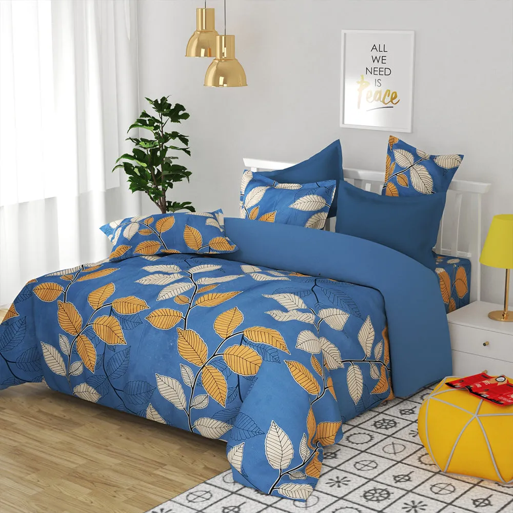 BSB Home Yellow & White Leaves Printed Light Blue Microfibre Double Bedsheet