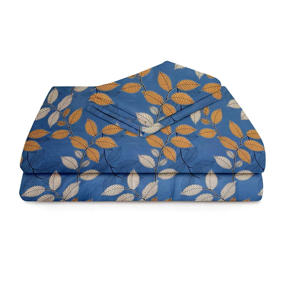 BSB Home Yellow & White Leaves Printed Light Blue Microfibre Double Bedsheet