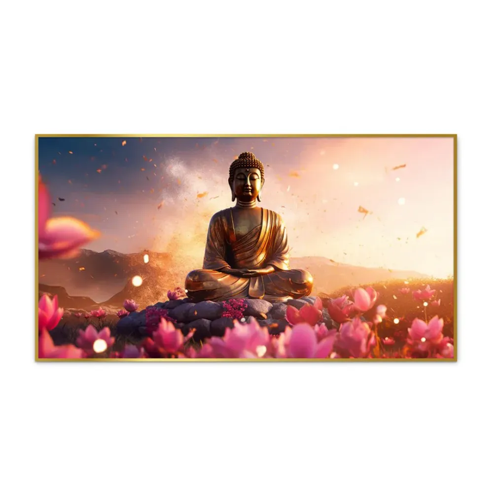 Buddha Amidst the Floral Splendor Canvas Painting With Frame