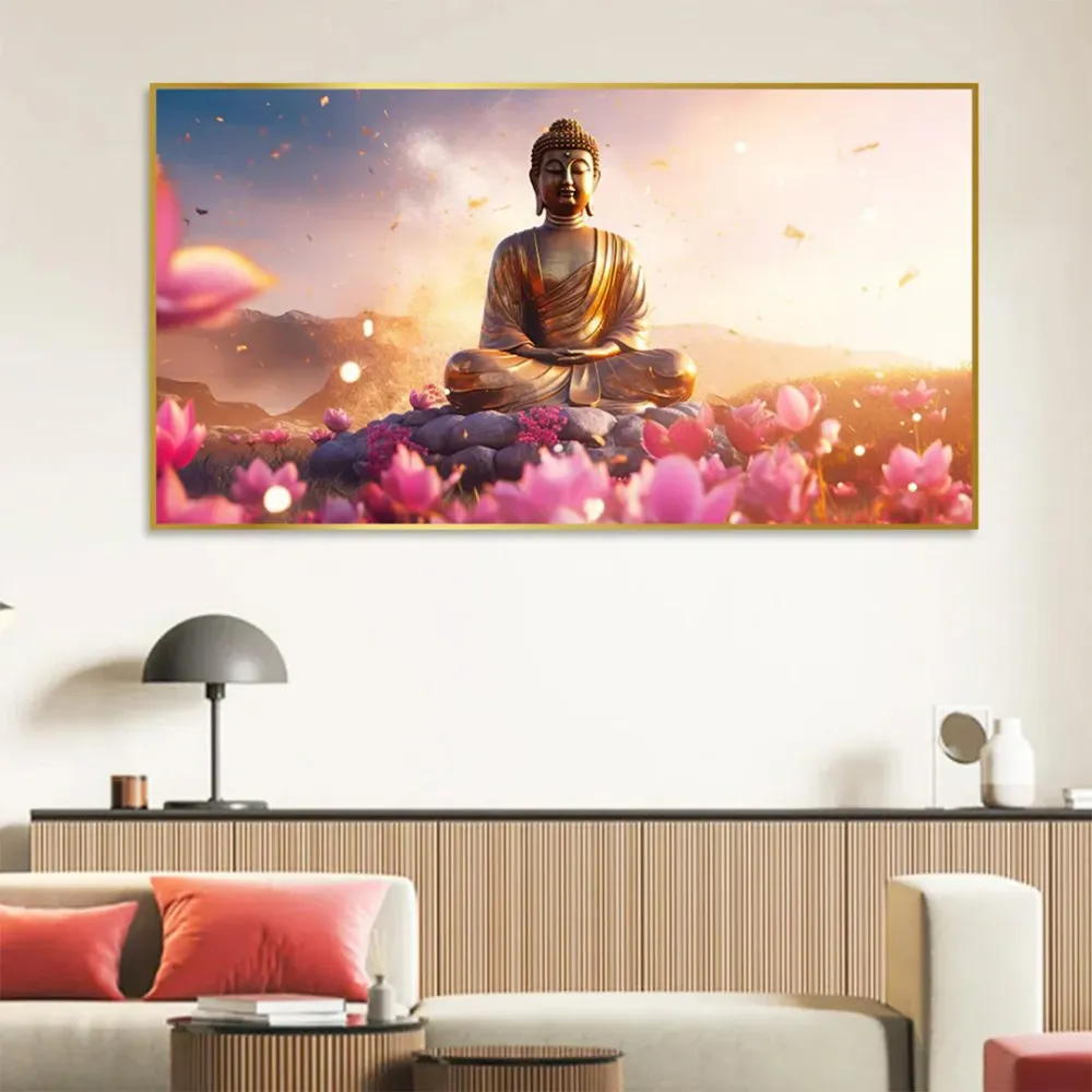 Buddha Amidst the Floral Splendor Canvas Painting With Frame