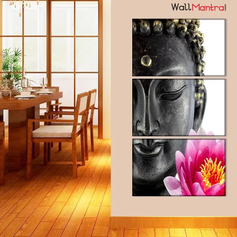 Buddha and Lotus Wall Painting Wooden Framed 3 Pieces Canvas Painting