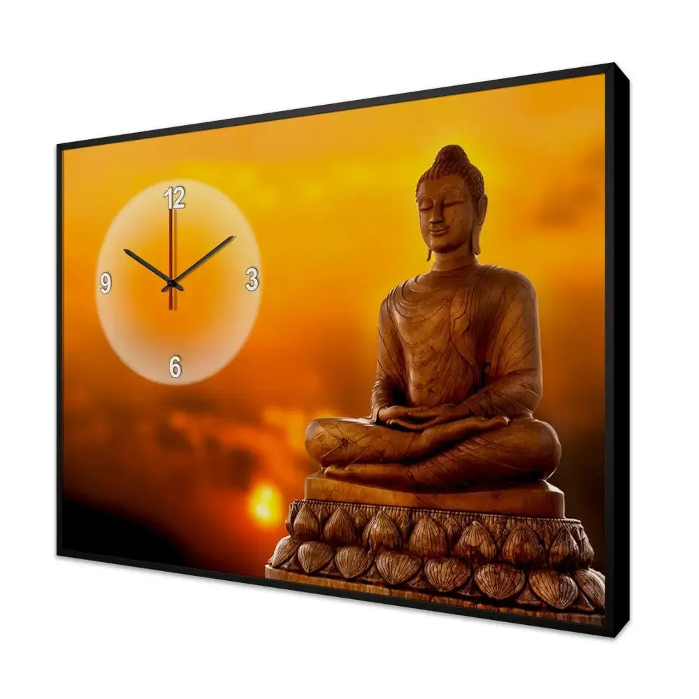 Buddha Spiritual Canvas Printed Decorative Wall Clock With Floating Frame