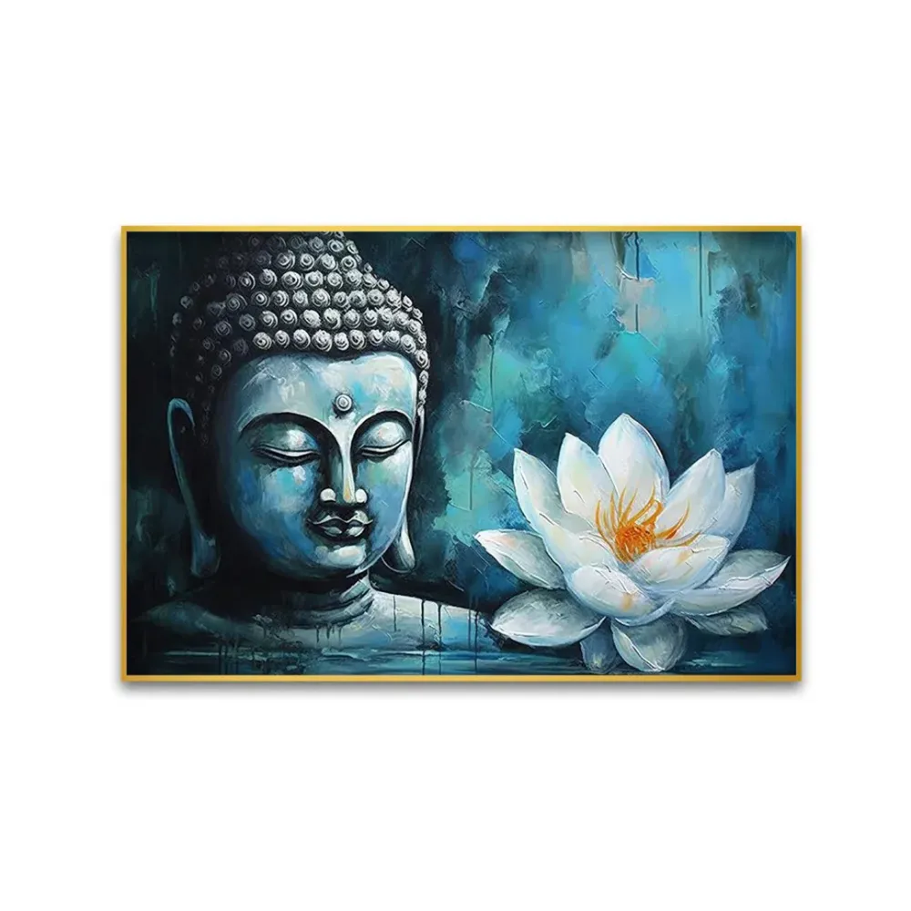 Buddha Statue Amidst the Serenity of a White Flower Canvas Painting With Frame
