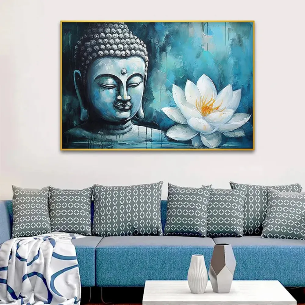 Buddha Statue Amidst the Serenity of a White Flower Canvas Painting With Frame
