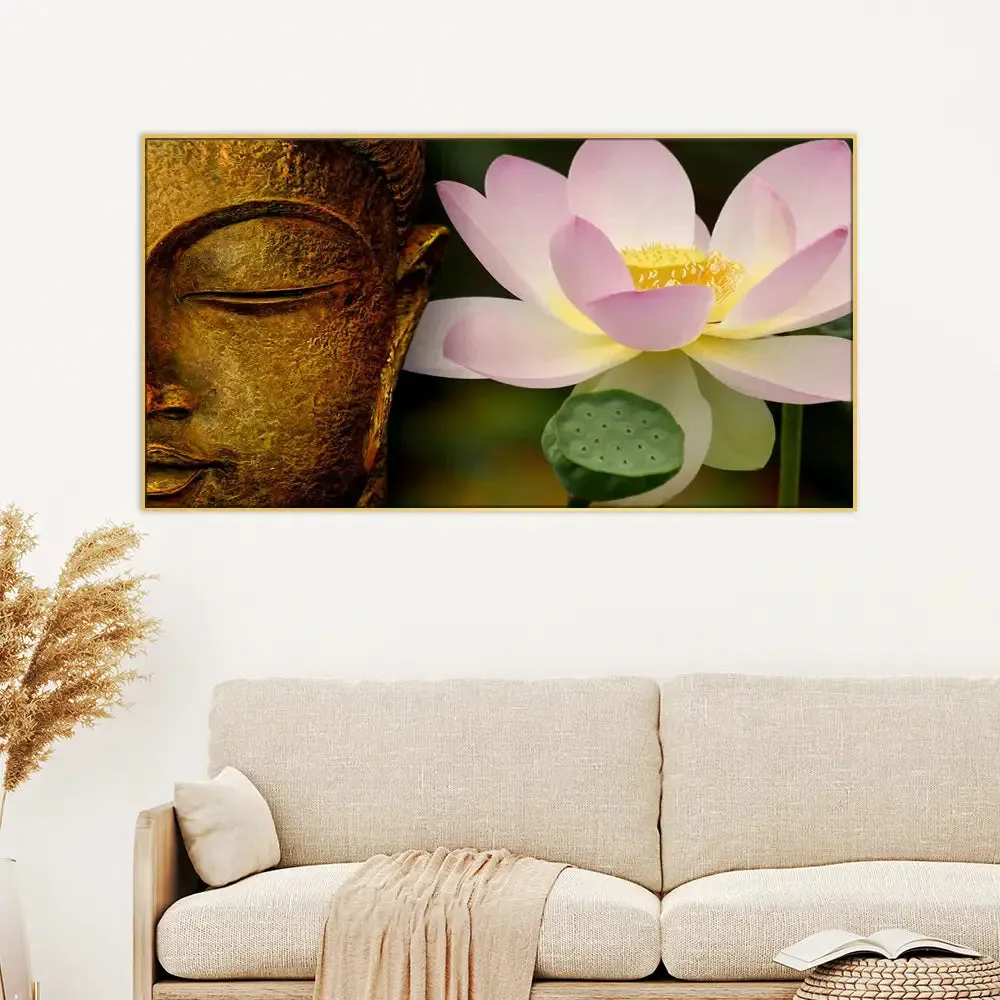 Buddha with Lotus Spiritual Canvas  Wall Painting Big Panoramic With Frame
