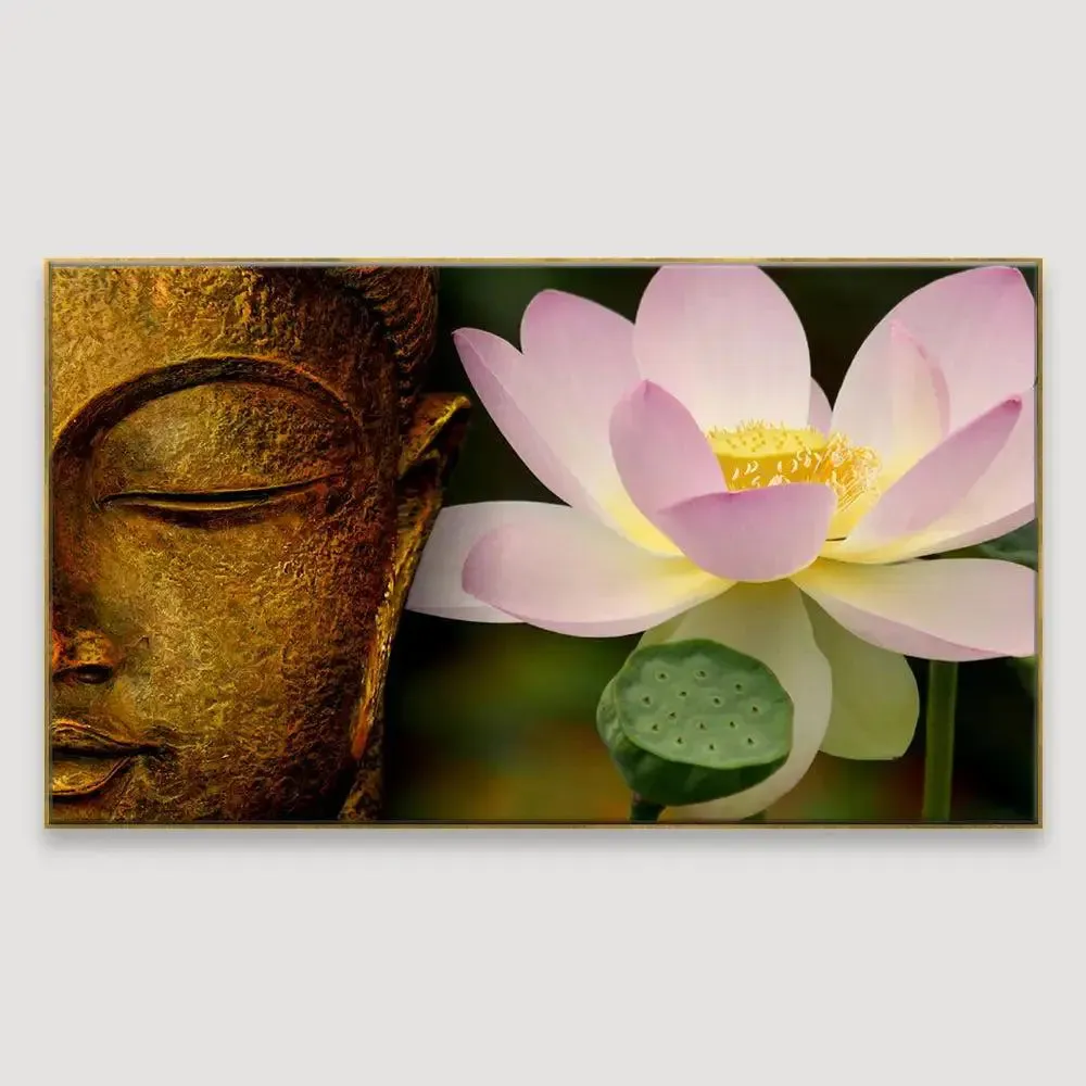 Buddha with Lotus Spiritual Canvas  Wall Painting Big Panoramic With Frame