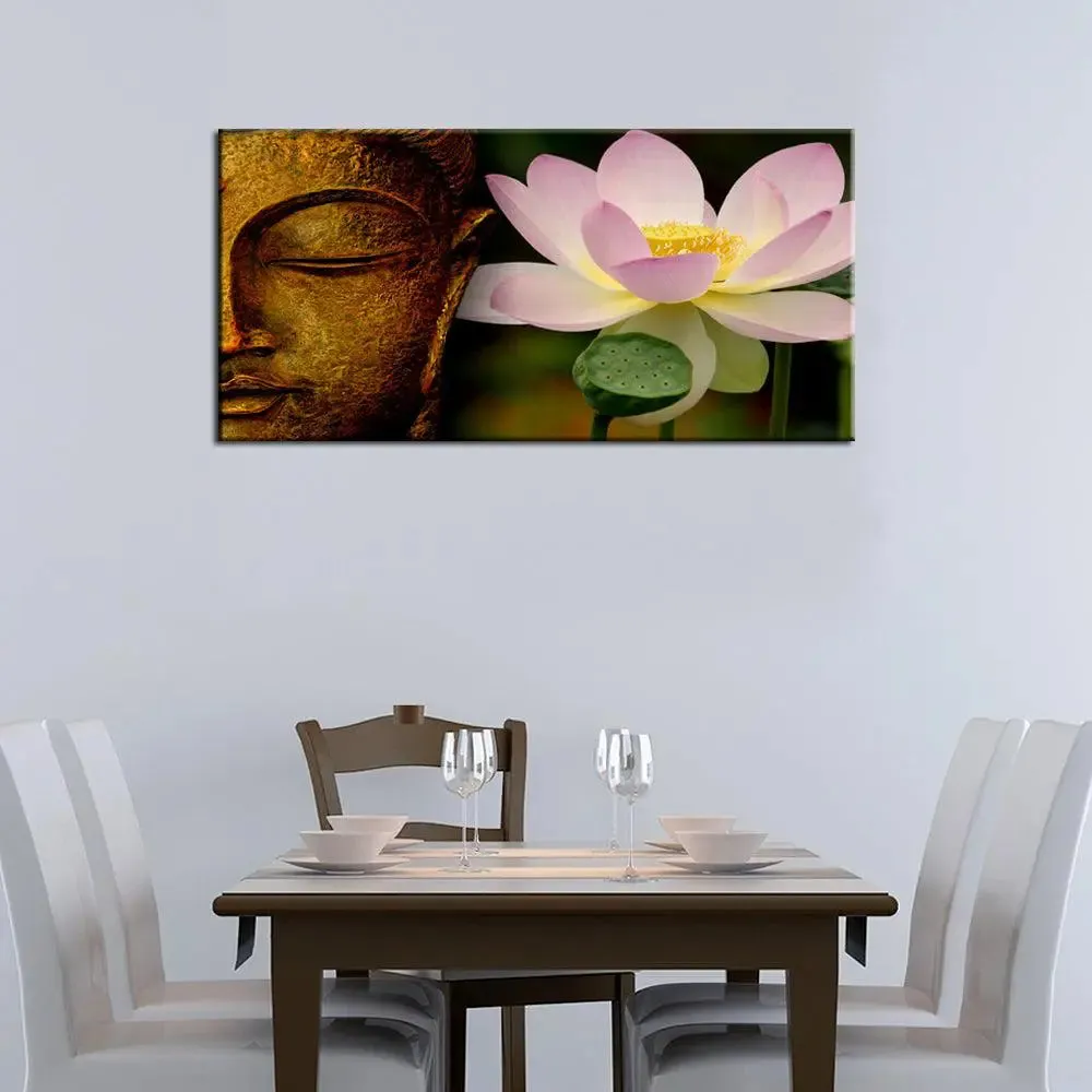 Buddha with Lotus Spiritual Canvas  Wall Painting Big Panoramic With Frame