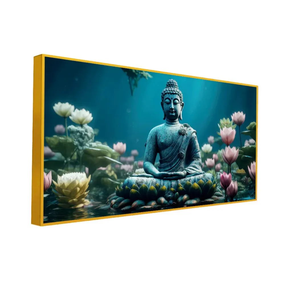 Buddha’s Tranquil Meditation Amidst Blue and Pink Lotus With Frame
