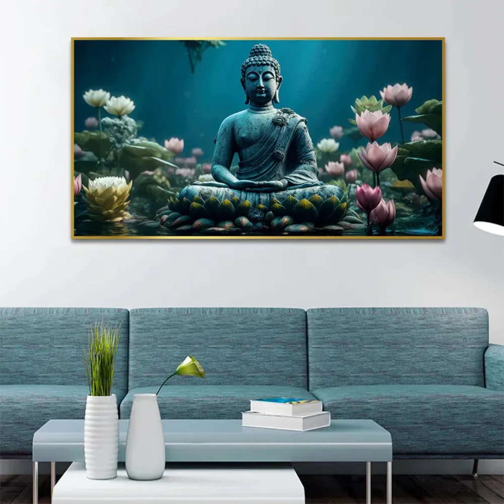 Buddha’s Tranquil Meditation Amidst Blue and Pink Lotus With Frame