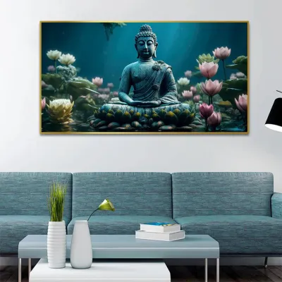 Buddha’s Tranquil Meditation Amidst Blue and Pink Lotus