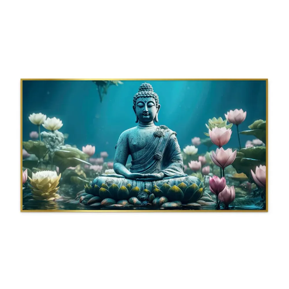 Buddha’s Tranquil Meditation Amidst Blue and Pink Lotus With Frame