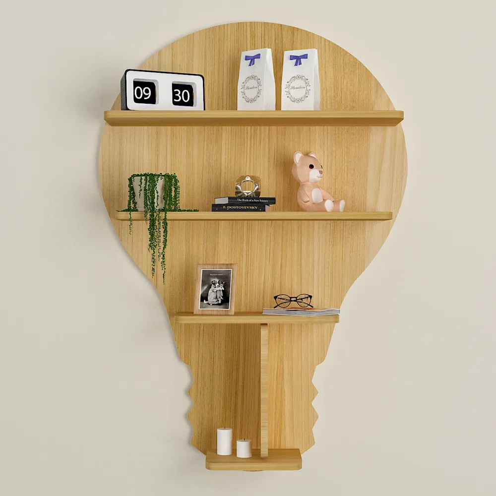 Bulb Shape Backlit Wood Wall Shelf / Book Shelf / Night Light, Light Oak Finish Regular ( 22 inches x 32 inches )
